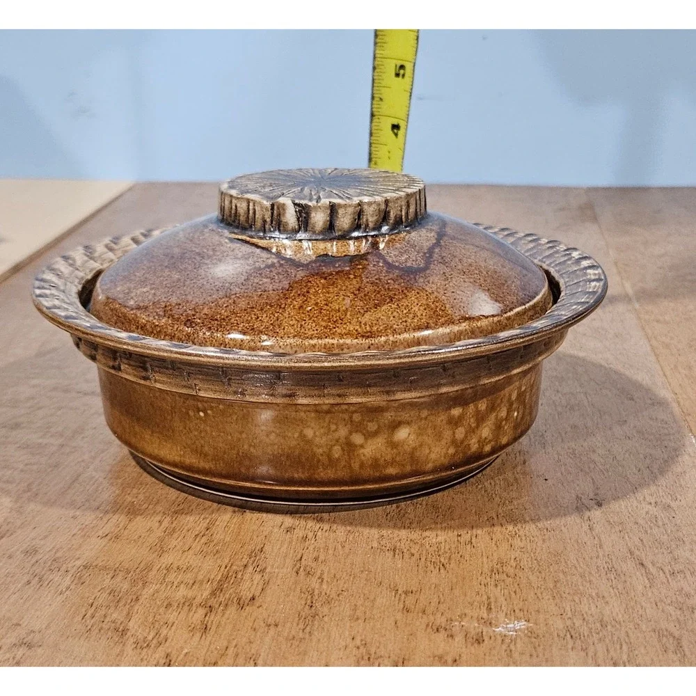 BP Malta Studio Pottery Lidded Casserole Dish Brown Glazed Sunburst Vintage
